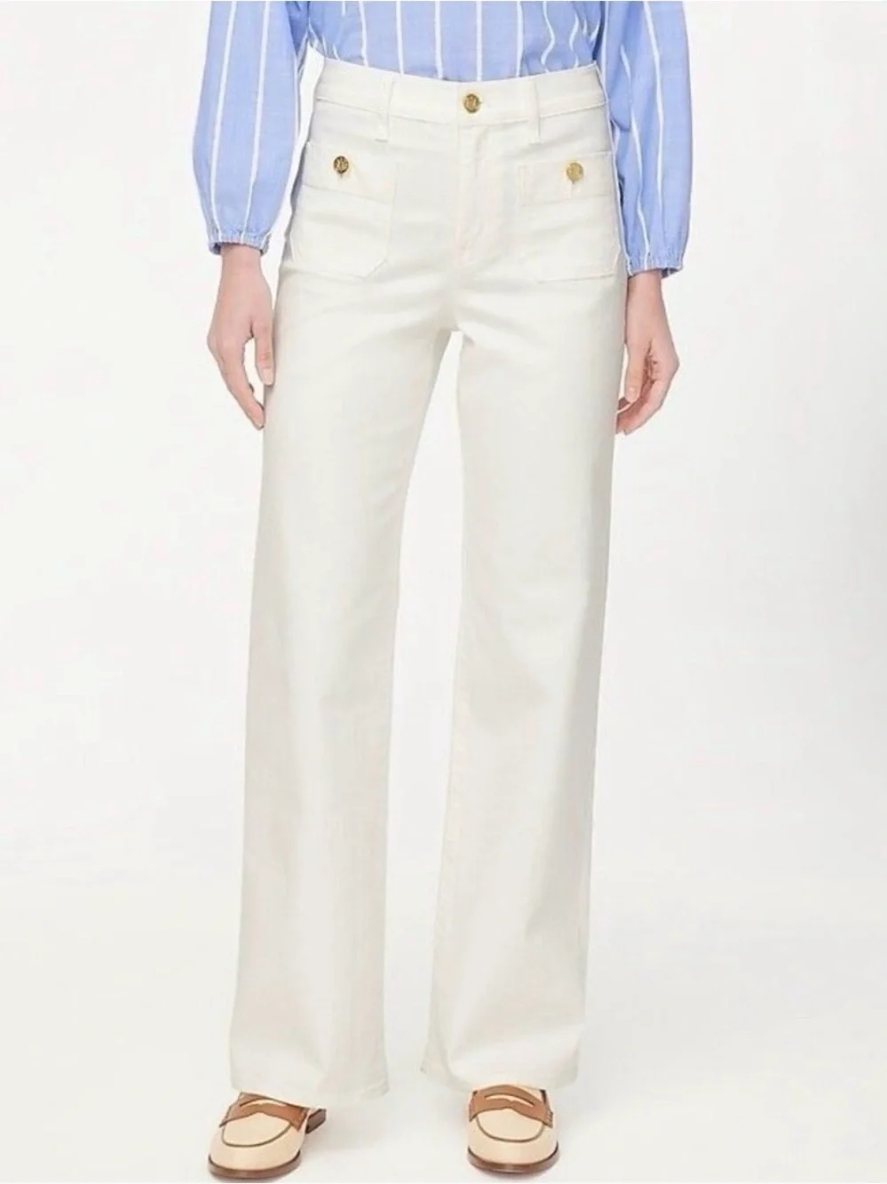 J. Crew High-Rise Wide-Leg Jeans in White with Gold Buttons